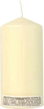 Kremowa świeca pieńkowa szampańska 120x60mm, z knotem i polską etykietą na dole, widok z przodu.