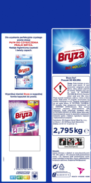 Tylna część opakowania proszku Bryza Active Force 5w1 do kolorowych tkanin, 2,795 kg, z instrukcją i symbolami.