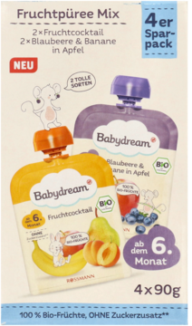 Opakowanie Babydream BIO Musy owocowe 4x90g: żółta saszetka owocowa i fioletowa jagodowo-bananowa, przód.