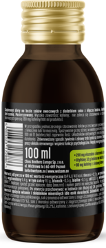 Tył ciemnej butelki Energy Shot 100 ml ze złotą zakrętką, widoczne info o kofeinie i składnikach.