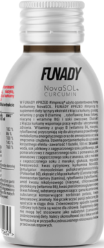 Tył białej butelki FUNADY NovaSOL CURCUMIN, suplementu diety, z widocznym składem i instrukcjami użycia.