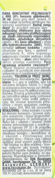 Tył żółtego opakowania ISANA Koncentrat Peelingujący z AHA, 6% kwas glikolowy, szczegółowy tekst w języku polskim.