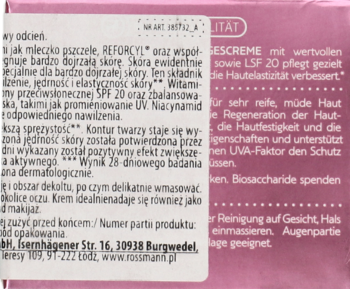 Różowa etykieta kremu na dzień REFORCYL z SPF 20 i niacynamidem, widok boczny z informacjami.