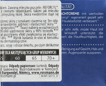Tylna strona opakowania Isana kremu Gold Brilliance, niebieskie tło z tekstem, widoczne grupy wiekowe 60-70+.