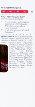 Fragment etykiety Isana Vital Booster: niemiecki tekst z wiekiem, badaniami dermatologicznymi i listą składników.