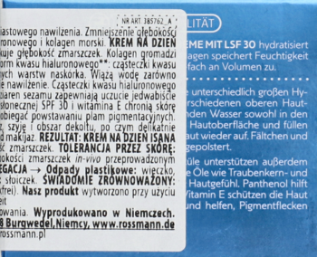 Tył opakowania kremu ISANA Hyaluron Intense SPF 30 z opisami w języku polskim i niemieckim.