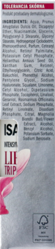 Tył opakowania Isana Lift Triple serum, widoczna pełna lista składników, opis dermatologiczny i logo FSC.