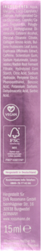 Liftingujący krem pod oczy 15ml Rossmann, tył fioletowego opakowania z listą składników i logo VEGAN.