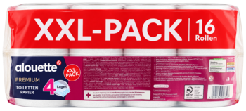Alouette XXL-PACK, 16 rolek papieru toaletowego 4-warstwowego, białe opakowanie z czerwonym pasem.