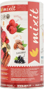 Mixit Low Carb Muesli, czerwono-białe opakowanie z malinami, pekanami, czarną porzeczką, widok z przodu.