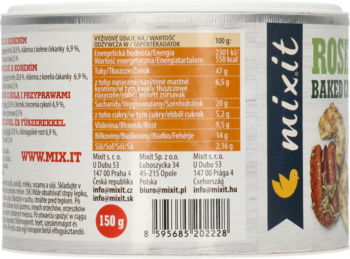 Tył okrągłej puszki mixit 150g z mieszanką orzechów, soli i przypraw. Widoczne informacje odżywcze.