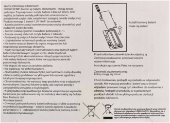 Instrukcja zabawki Flop: diagram wkładania baterii AA, polski tekst o bezpiecznym użytkowaniu i symbolach recyklingu.