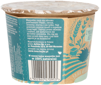 Boczny widok okrągłego kubka musli Z Innej Bajki vegan. Etykieta turkusowa z tekstem, brązowe wieczko.