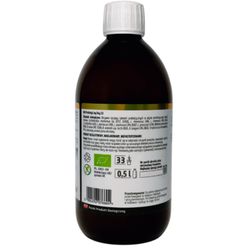 Tył ciemnej butelki 0.5L ekologicznego probiotycznego suplementu diety, biała etykieta z certyfikatem Bio.