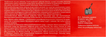 Tył czerwonego opakowania zabawki D.C. Mówiący pilot, z rysunkiem szarego pilota i szczegółami baterii.