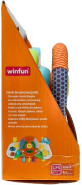 Pomarańczowe opakowanie zabawki WinFun Szkoła Bezpiecznej Jazdy, widok z boku, widoczny opis funkcji i fragment zabawki kierownicy.