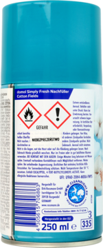Wkład zapachowy Domol Simply Fresh Cotton Fields, turkusowa puszka z tyłu, etykieta z piktogramami, 250ml.