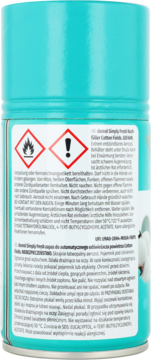 Tył turkusowego aerozolu Domol Simply Fresh Cotton Fields, wkład do odświeżacza, z piktogramami ostrzegawczymi i tekstem.