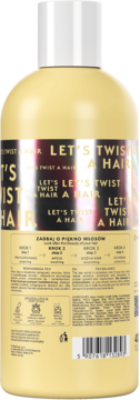 Tył jasnożółtego szamponu do włosów kręconych Let's Twist A Hair, z białym korkiem i etykietą ze składnikami.