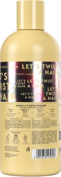 Tył beżowego szamponu Let's Twist A Hair o zapachu melona do włosów kręconych, z holograficzną etykietą.