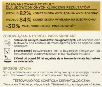 Treść ulotki L'Oréal Paris: zaawansowane formuły, 82% wygładzona, 84% ujędrniona skóra, -30% przebarwień.