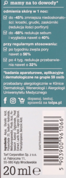 Tył opakowania dermokosmetyku tołpa 20ml z kwasem glikolowym, widoczne obietnice i składniki.