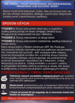 Tył opakowania kremu L'Oréal Paris Retinol, szczegółowe instrukcje użycia, ostrzeżenia i zobowiązania marki.