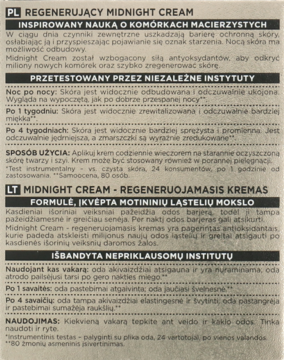 Tył opakowania Regenerującego Midnight Cream z polskim i litewskim opisem i instrukcjami użytkowania.