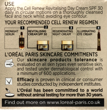 Tył opakowania L'Oréal Paris Cell Renew. Widoczne zalecenia pielęgnacyjne i zobowiązania marki dot. testów.