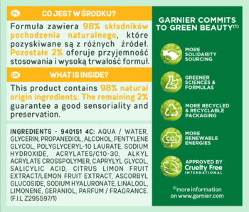 Tył opakowania Garnier kremu: 98% składników naturalnych, sekcja Green Beauty z certyfikatem Cruelty-Free.