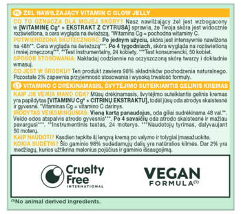 Tył etykiety Garnier Vitamin C Glow Jelly z polskim i litewskim opisem oraz logo Cruelty Free i Vegan Formula.