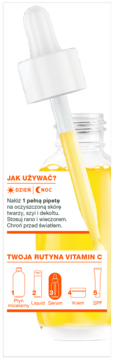 Serum na przebarwienia z witaminą C, żółty płyn w butelce z zakraplaczem uniesionym nad nią, widoczne instrukcje.