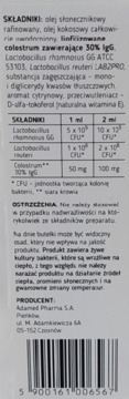 Tył opakowania Flostrum Plus: białe tło, szczegółowa lista składników, dawkowanie bakterii i colostrum.