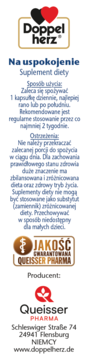 Biała etykieta suplementu Doppelherz Na uspokojenie, zawiera instrukcje i dane producenta Queisser Pharma.