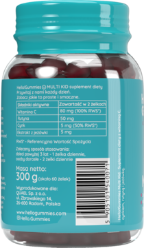 Tył przezroczystej, niebieskiej butelki HelloGummies Multi Kid. Widoczna etykieta z witaminą C, rutyną, cynkiem i jeżówką.