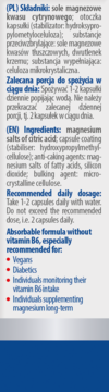 Tył opakowania suplementu magnezu. Czytelne listy składników, dawkowanie oraz rekomendacje dla wegan/diabetyków.