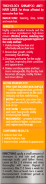 Tył czerwono-żółtego szamponu Trichology Anti-Hair Loss, z widocznym składem i sposobem użycia.