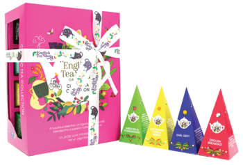 Różowy zestaw English Tea Shop z 12 organicznymi herbatami piramidkami, obok cztery kolorowe torebki herbaty.
