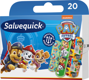 Salvequick Paw Patrol, niebieskie pudełko 20 plastrów dla dzieci z postaciami i wzorami.
