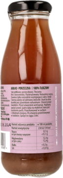 Tył butelki soku jabłkowo-porzeczkowego BIO, z widoczną etykietą, składem, wartościami odżywczymi i datą.
