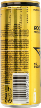 Tył złotej puszki napoju energetycznego Rockstar No Sugar, z etykietą zawierającą tabelę wartości odżywczych.