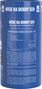 Niebieski pojemnik Misie na Dobry Sen, żelki na sen z melatoniną, cytrynowe, widok z przodu z białym napisem.