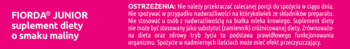 Fiorda Junior suplement diety o smaku maliny, nazwa produktu na jaskrawym różowym tle, z rozmytym tekstem opisu.