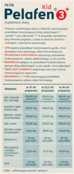 Pelafen Kid 3+ płynny suplement diety na odporność. Etykieta z niebieskim logo, czerwonym 3+, widok z przodu.