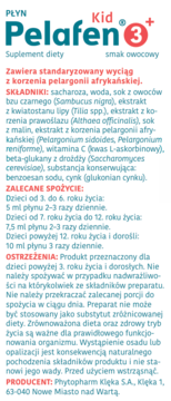 Tekst etykiety Pelafen Kid 3+ Płyn suplement diety, z korzeniem pelargonii, o smaku owocowym, szczegóły.