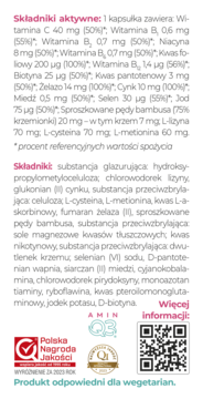 Etykieta suplementu diety z witaminami, minerałami i ekstraktem bambusa, nagrody, QR i info dla wegetarian.
