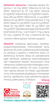 VITAPIL mama, tył opakowania ze szczegółową listą aktywnych składników dla zdrowych włosów. Logos i QR.