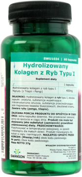 Zielona butelka Swanson Hydrolizowany Kolagen z Ryb Typu I, widok etykiety z przodu z opisem i składnikami.