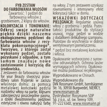 Polski tekst z opakowania zestawu FYB do farbowania włosów, z opisem ekologicznego pędzla i klipsów.