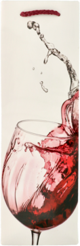 Biała torba prezentowa na wino z ilustracją czerwonego wina w kieliszku i rozpryskami, czerwony uchwyt, widok z przodu.